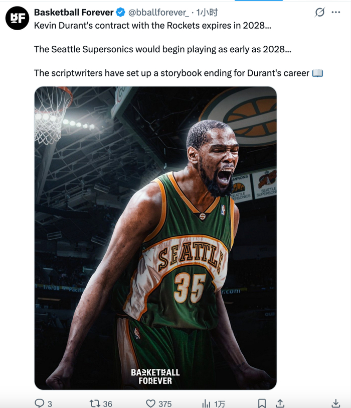 杜兰特2028年回归西雅图超音速成完美剧本